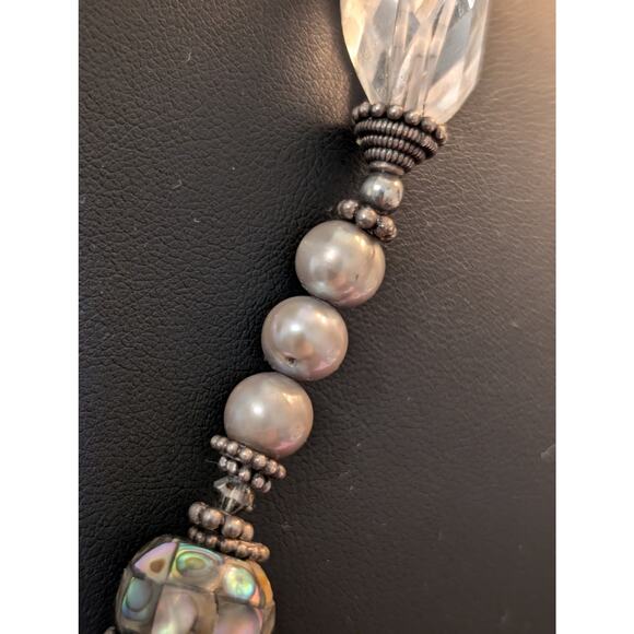 Vintage to Antique Sterling Silver Pearl Rock Quartz Abalone Shell Bead Necklace - Picture 5 of 10